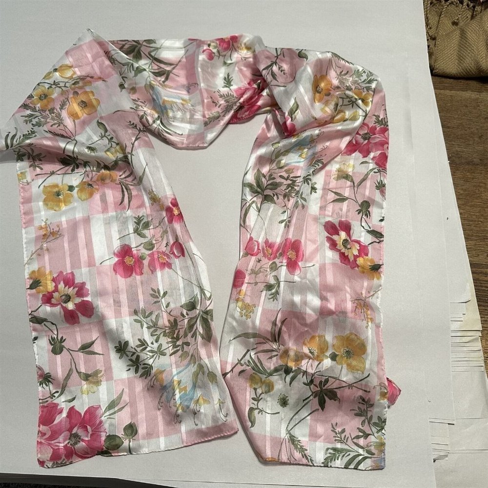 Vintage Scarf Italy Polyester Accessory Street Pink Floral Plaid Sheer 14 x 58